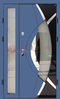 Синяя металлическая дверь со стеклом и узором ДС-13 в Курске
