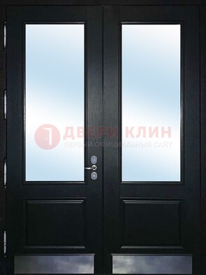 Черная двухстворчатая металлическая дверь со стеклом ДС-25 в Курске