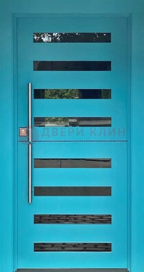 Голубая уличная дверь с МДФ панелью и стеклом ДС-51 в Курске