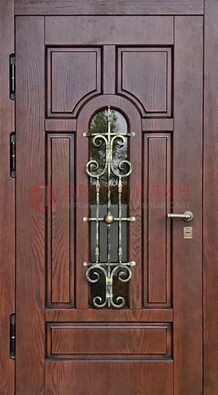 Cтальная дверь со стеклом и ковкой в коричневом цвете ДСК-119 в Курске