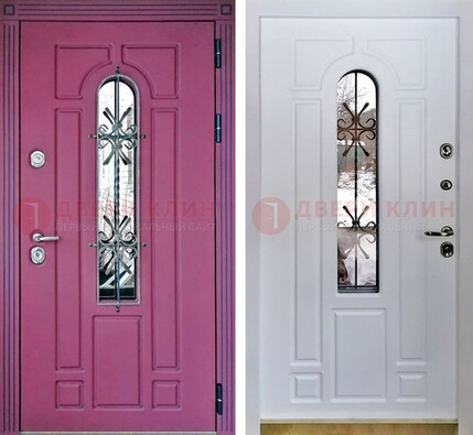 Розовая металлическая дверь со стеклом и ковкой ДСК-151 в Курске