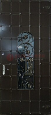 Высокая железная дверь со стеклом и ковкой ДСК-15 в Курске