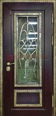Темная уличная дверь порошок со стеклом и ковкой ДСК-167 в Курске