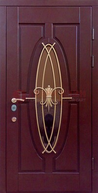Бордовая стальная дверь Винорит со стеклом и ковкой ДСК-263 в Курске