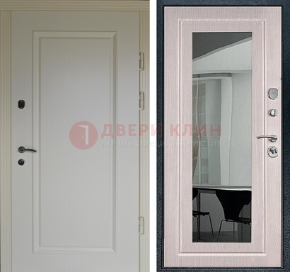 Стальная светлая дверь c МДФ Белый дуб с зеркалом ДЗ-102 в Красногорске