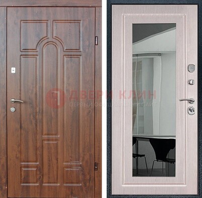 Входная коричневая дверь с МДФ Белый дуб и зеркалом ДЗ-126 в Зеленограде