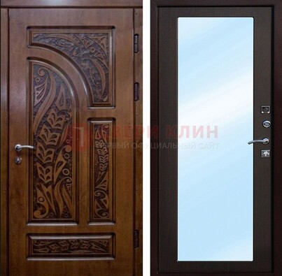 Коричневая входная дверь c узором и виноритом МДФ с зеркалом ДЗ-98 в Курске