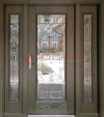 Коричневая стальная дверь с массивом дуба с витражом ВЖ-16 в Курске