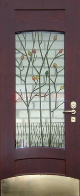 Бордовая стальная дверь с витражом и декоративным элементом ВЖ-3 в Курске